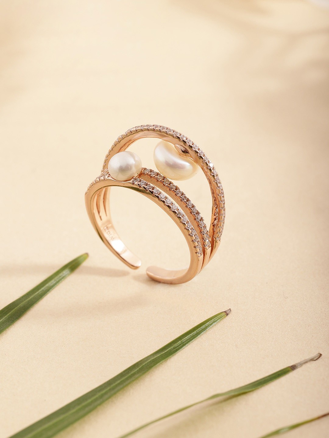 

DIAVO Rose Gold Plated 925 Sterling Silver Pearls Finger Ring
