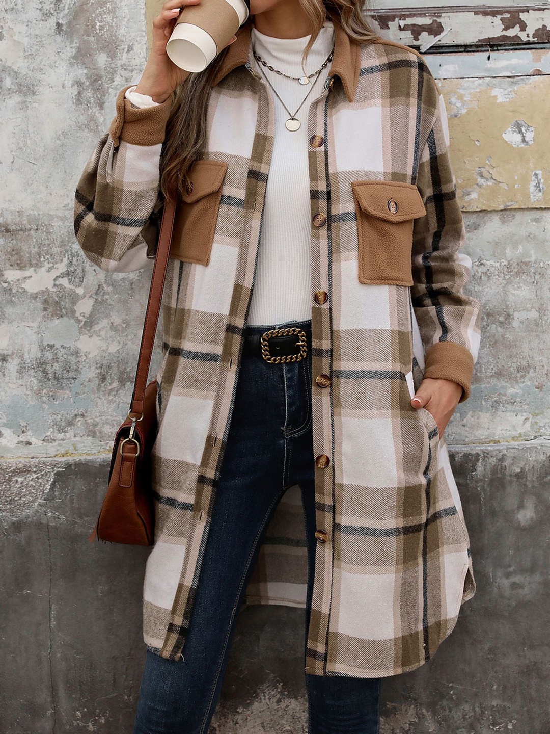 

StyleCast x Revolte Women Checked Single-Breasted Overcoat, Brown