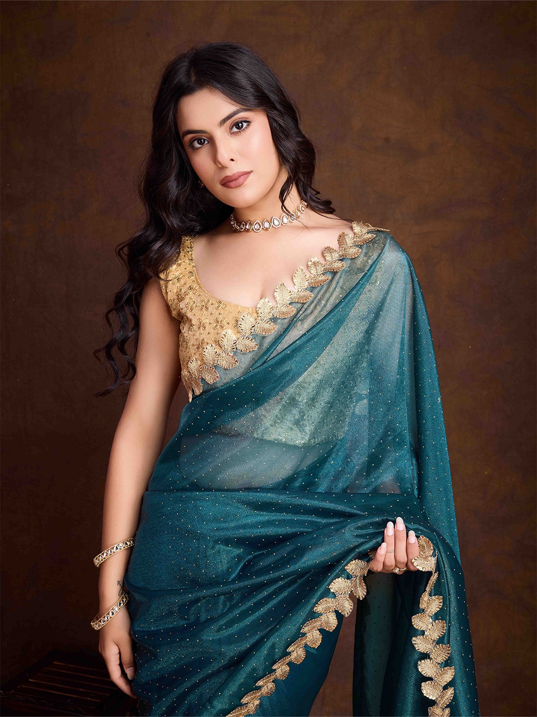 

KIMISHA Beads and Stones Embellished Net Saree, Teal
