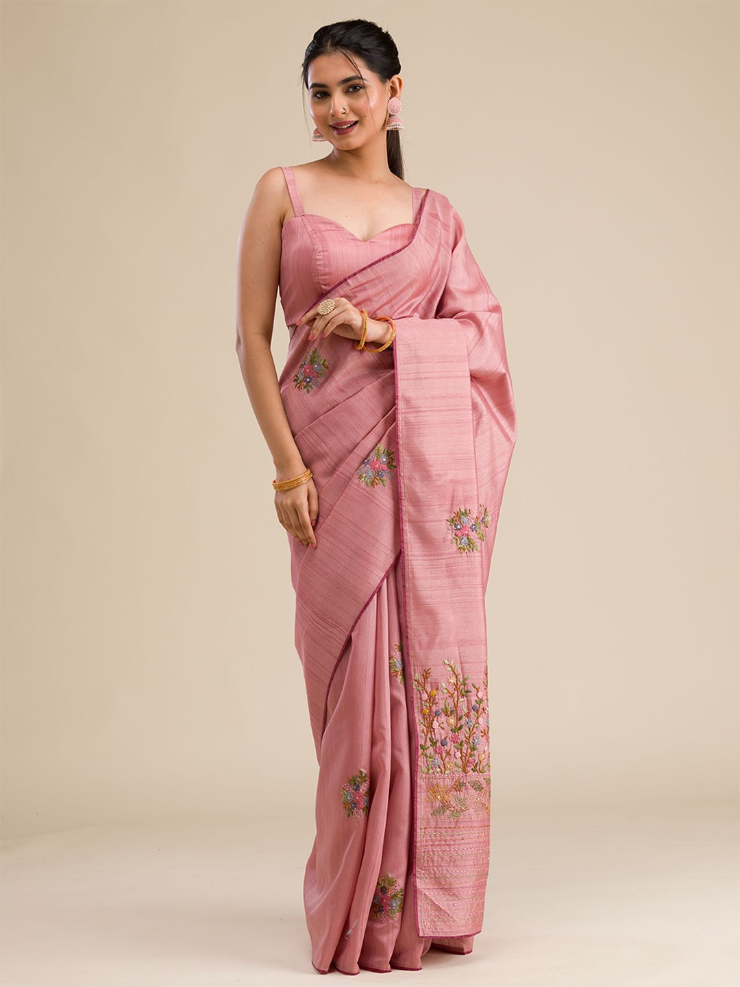 

Koskii Floral Embroidered Saree, Peach