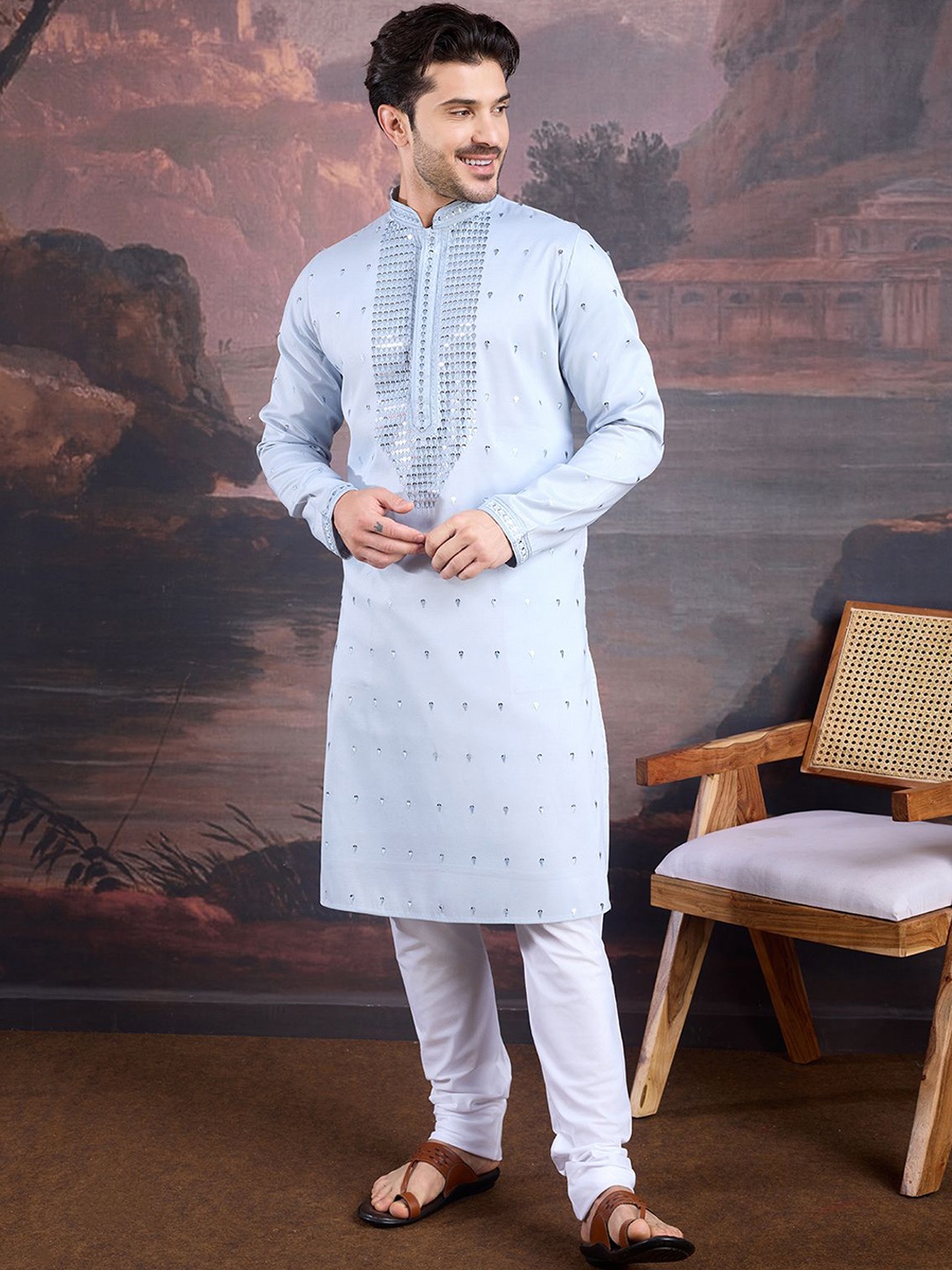 

House of Pataudi Geometric Embroidered Sequinned Mandarin Collar Straight Kurta, Blue