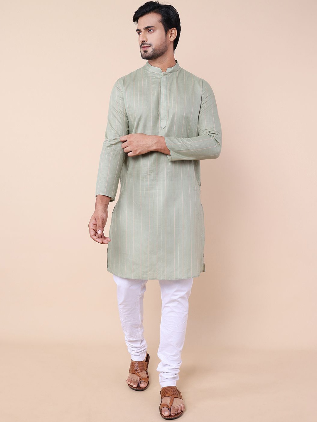 

NAMASKAR Striped Cotton Straight Kurta, Sea green