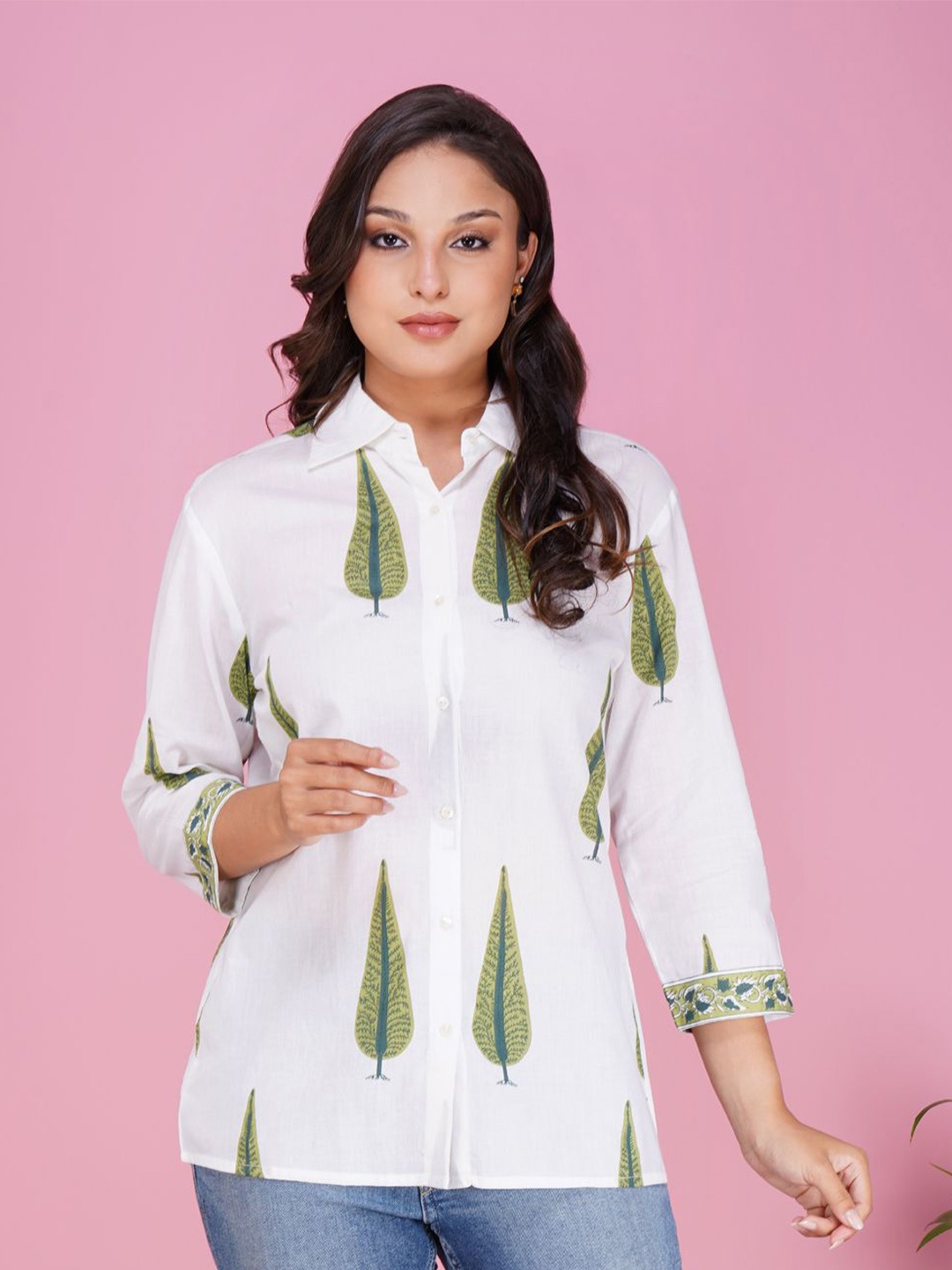 

METRO-FASHION Women Ethnic Motifs Printed Shirt Collar Cotton Top, White