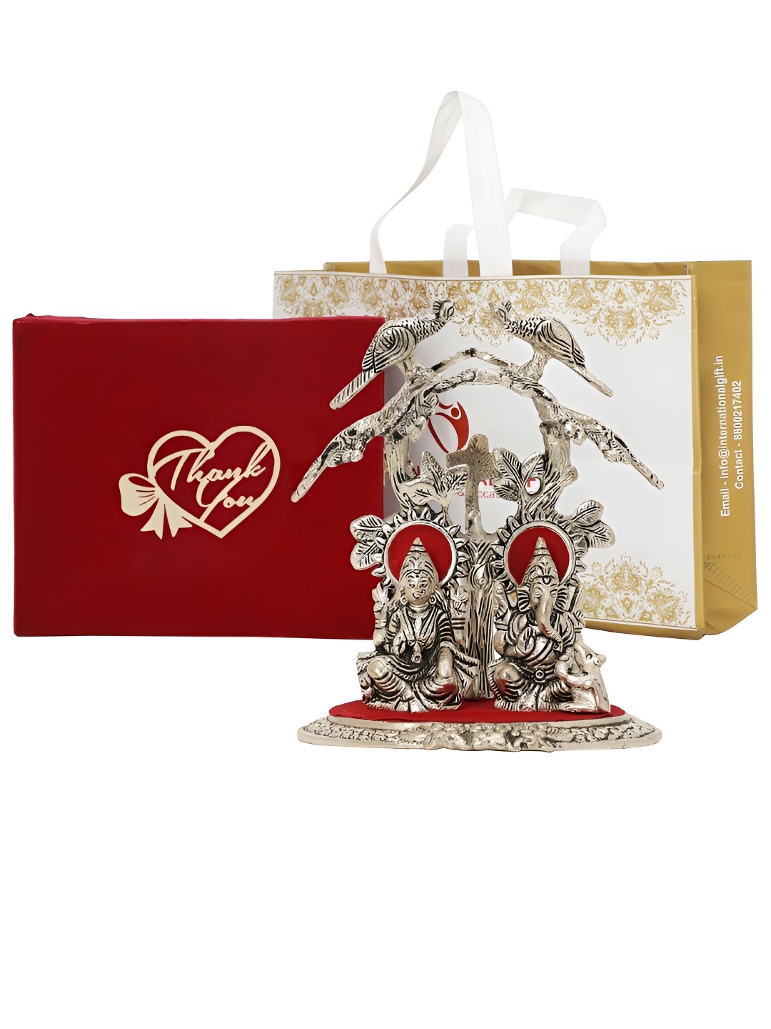 

INTERNATIONAL GIFT Silver-Toned Lakshmi Ganesh Idol with Thank You Tag & Velvet Box