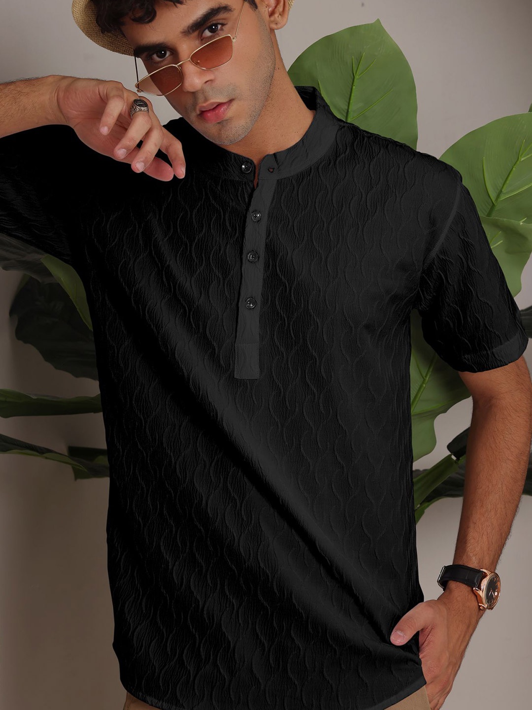 

Wuxi Men Relaxed Band Collar Textured Polycotton Casual Shirt, Black