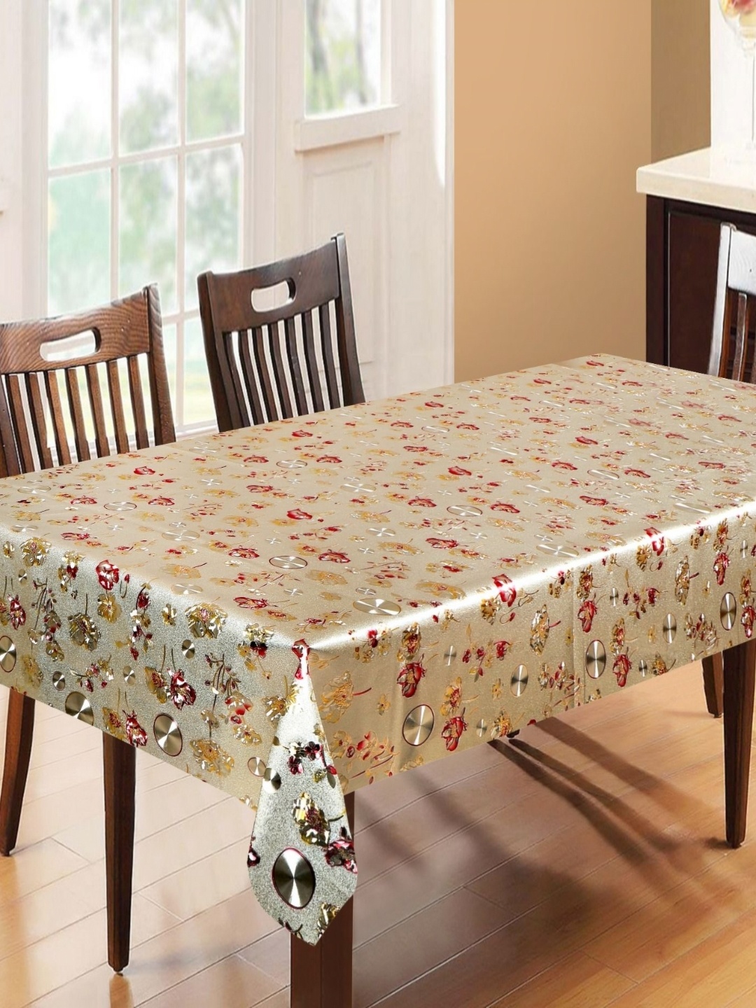 

Dakshya Industries Beige & Red Floral Waterproof 6-Seater Table Cover