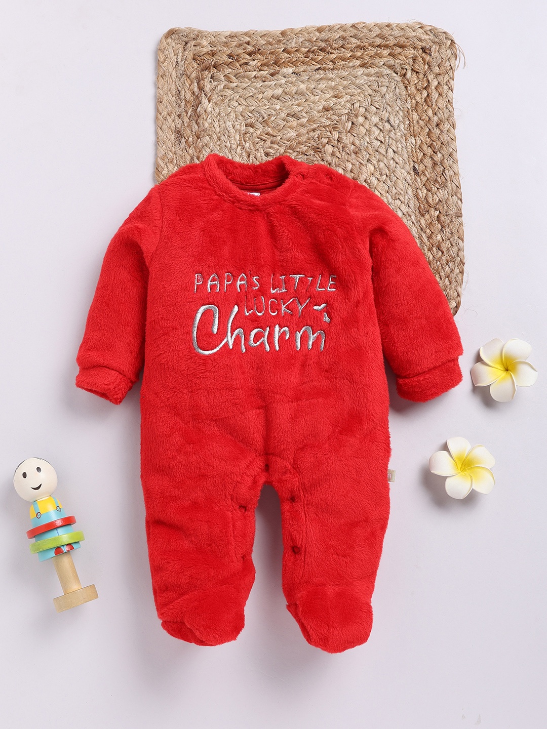 

Moms Love Infant Girls Cotton Faux Fur Embroidered Sleepsuit, Red