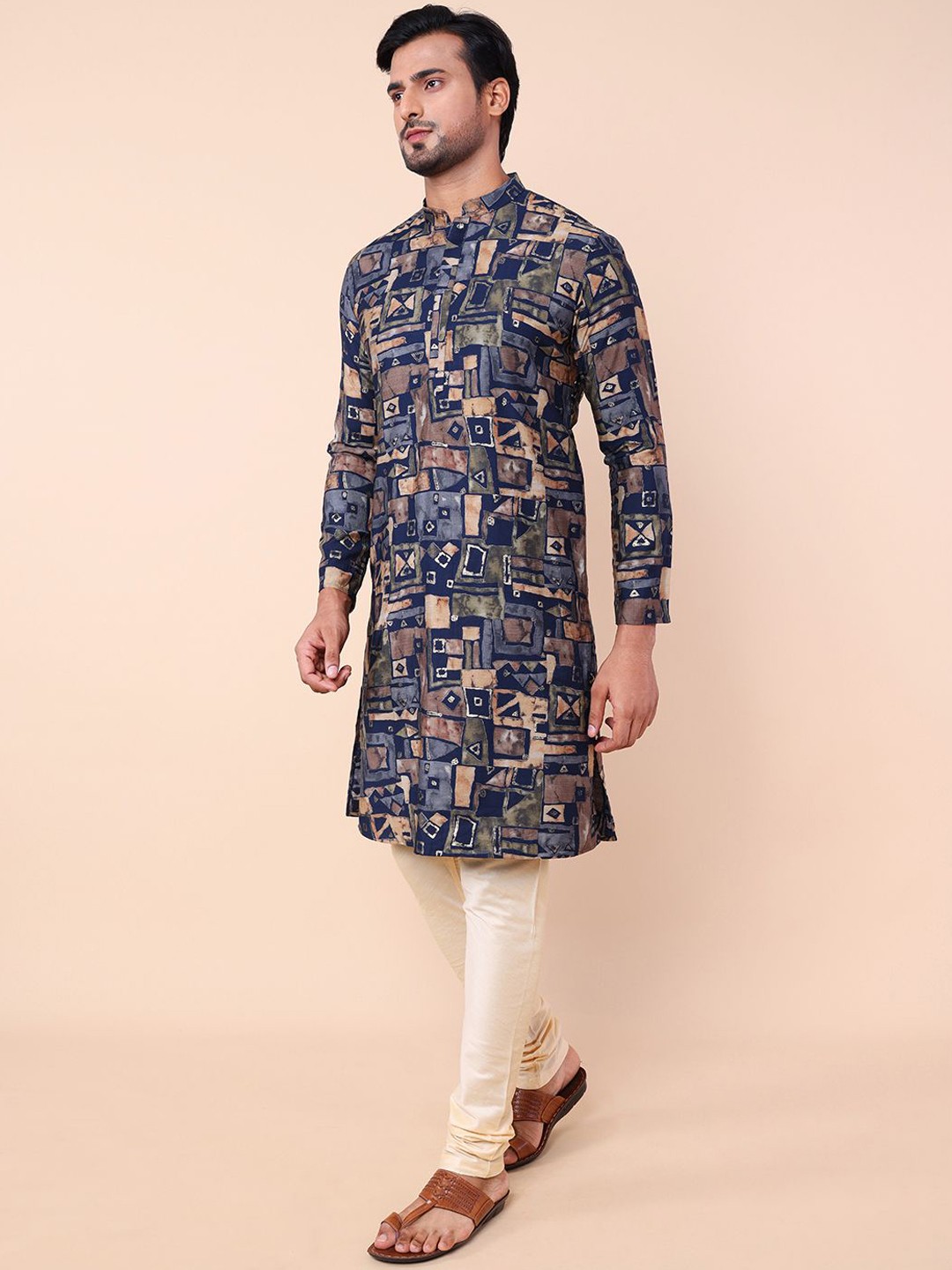 

NAMASKAR Geometric Printed Mandarin Collar Straight Kurta, Blue