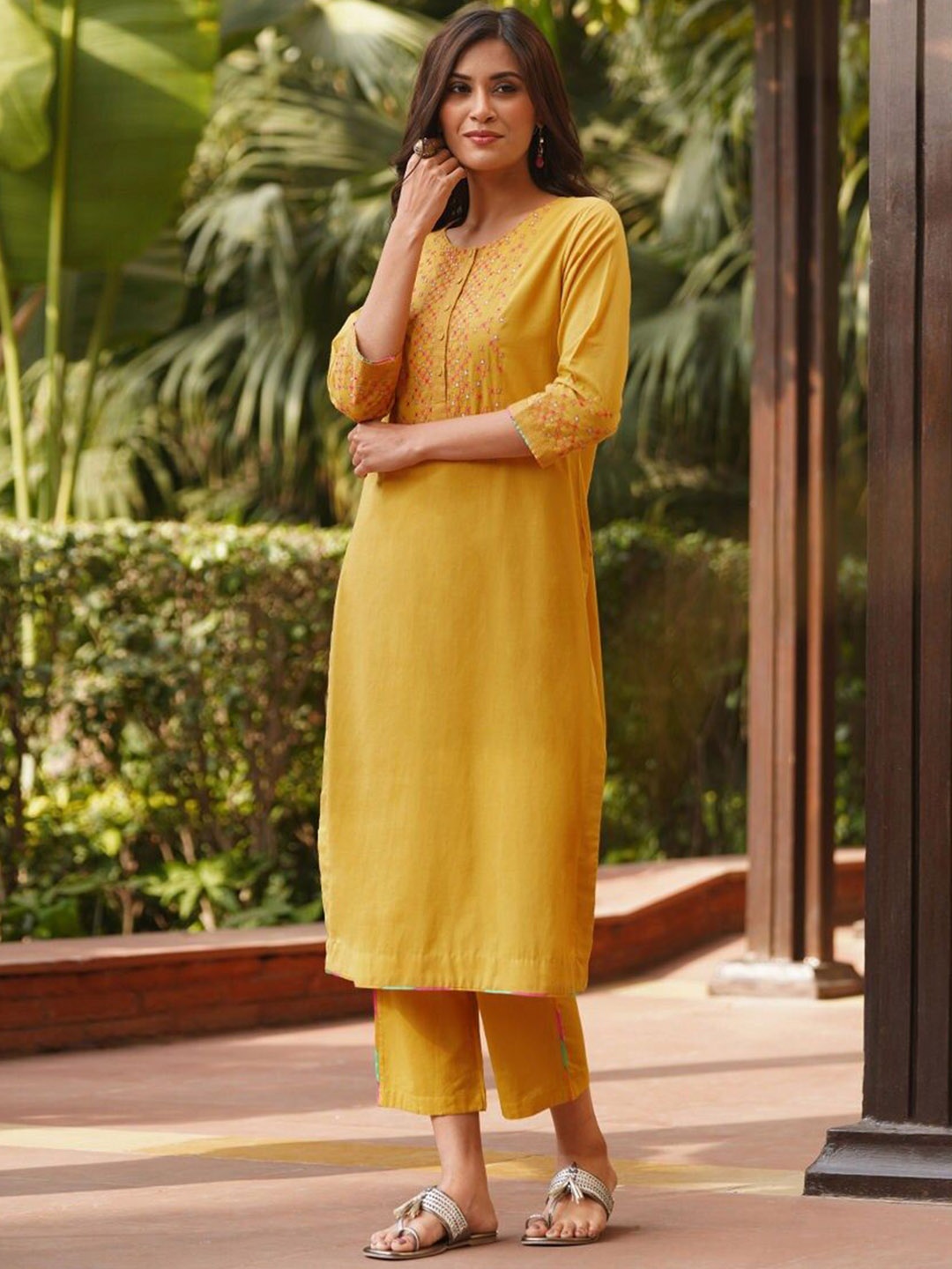 

JAYPORE Ethnic Motifs Embroidered Beads and Stones Pure Cotton Straight Kurta, Mustard