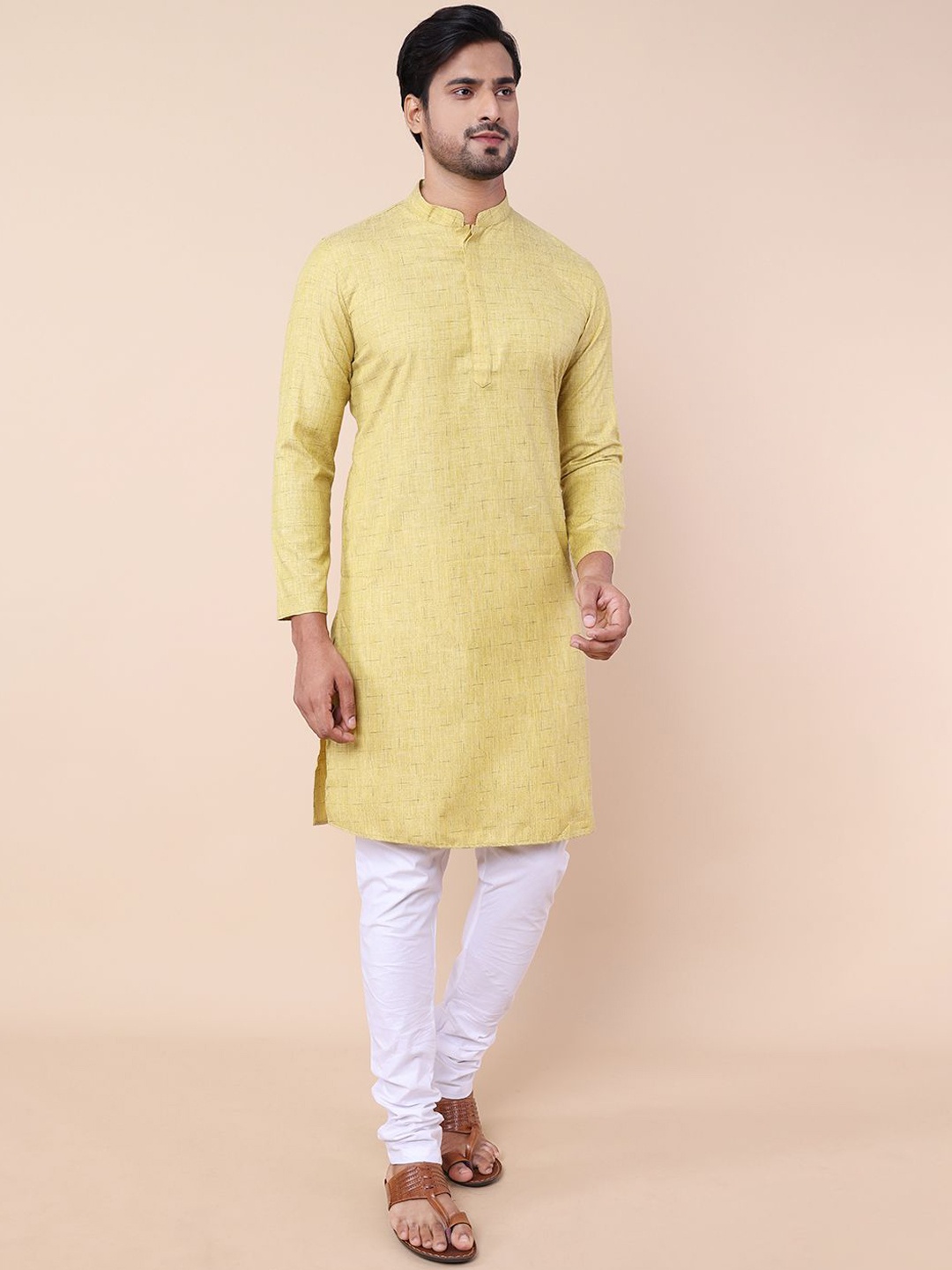 

NAMASKAR Geometric Printed Mandarin Collar Pure Cotton Straight Kurta, Lime green