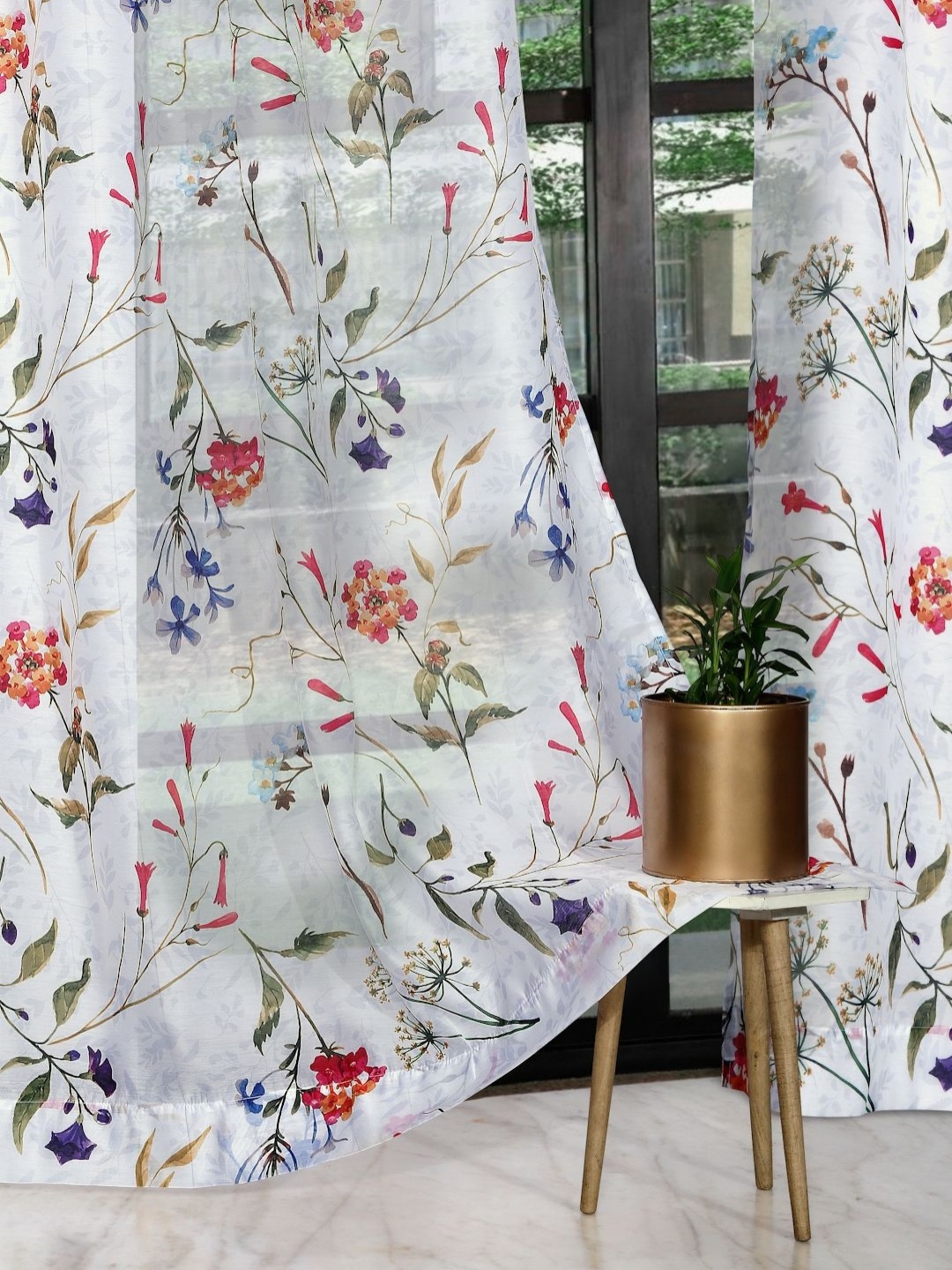 

ROSARA HOME White and Pink 2 Pieces Floral Printed Sheer Long Door Curtains