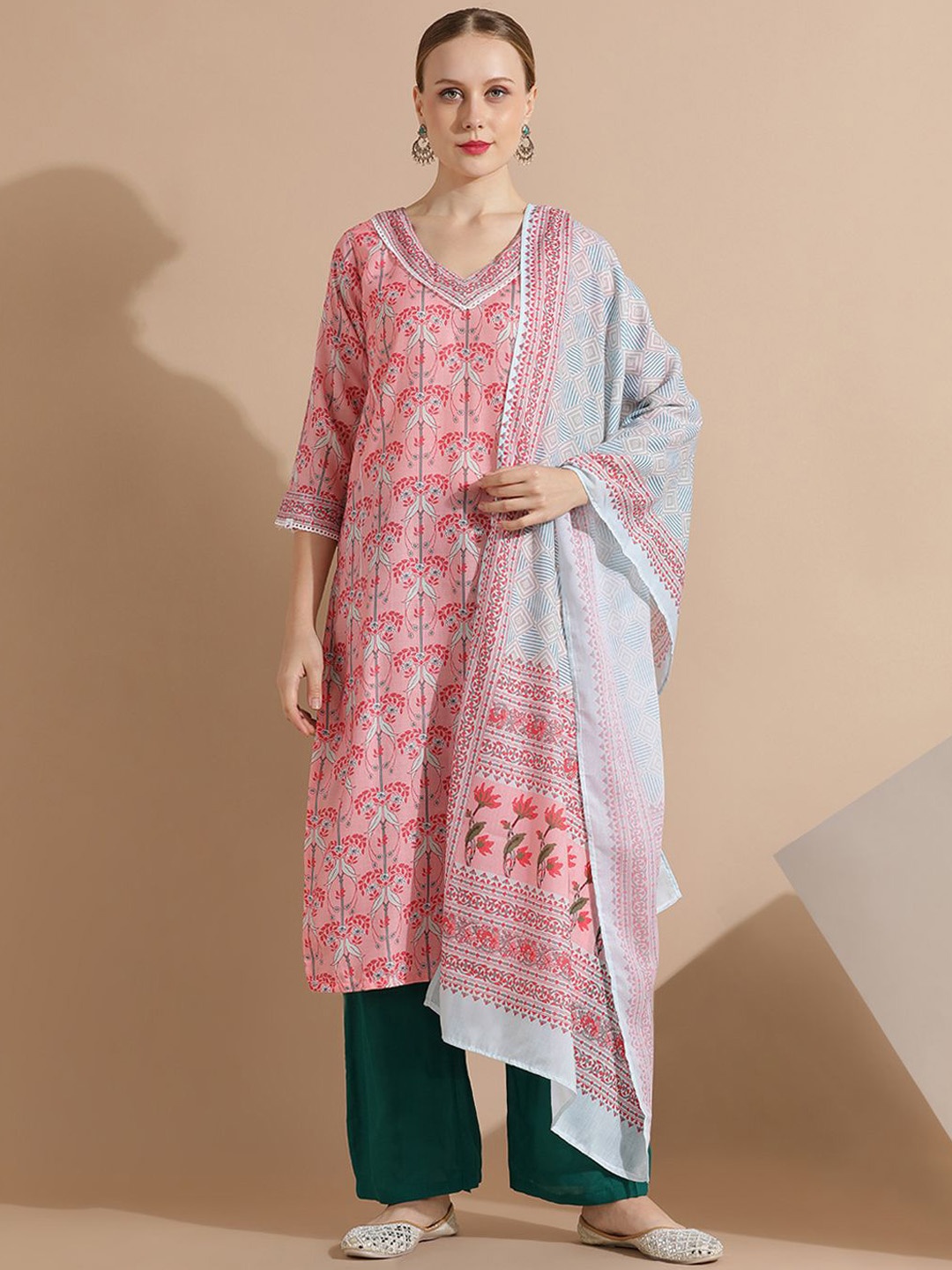 

Jaipur Kurti Block Printed Cotton Kurta Set With Dupatta, Peach