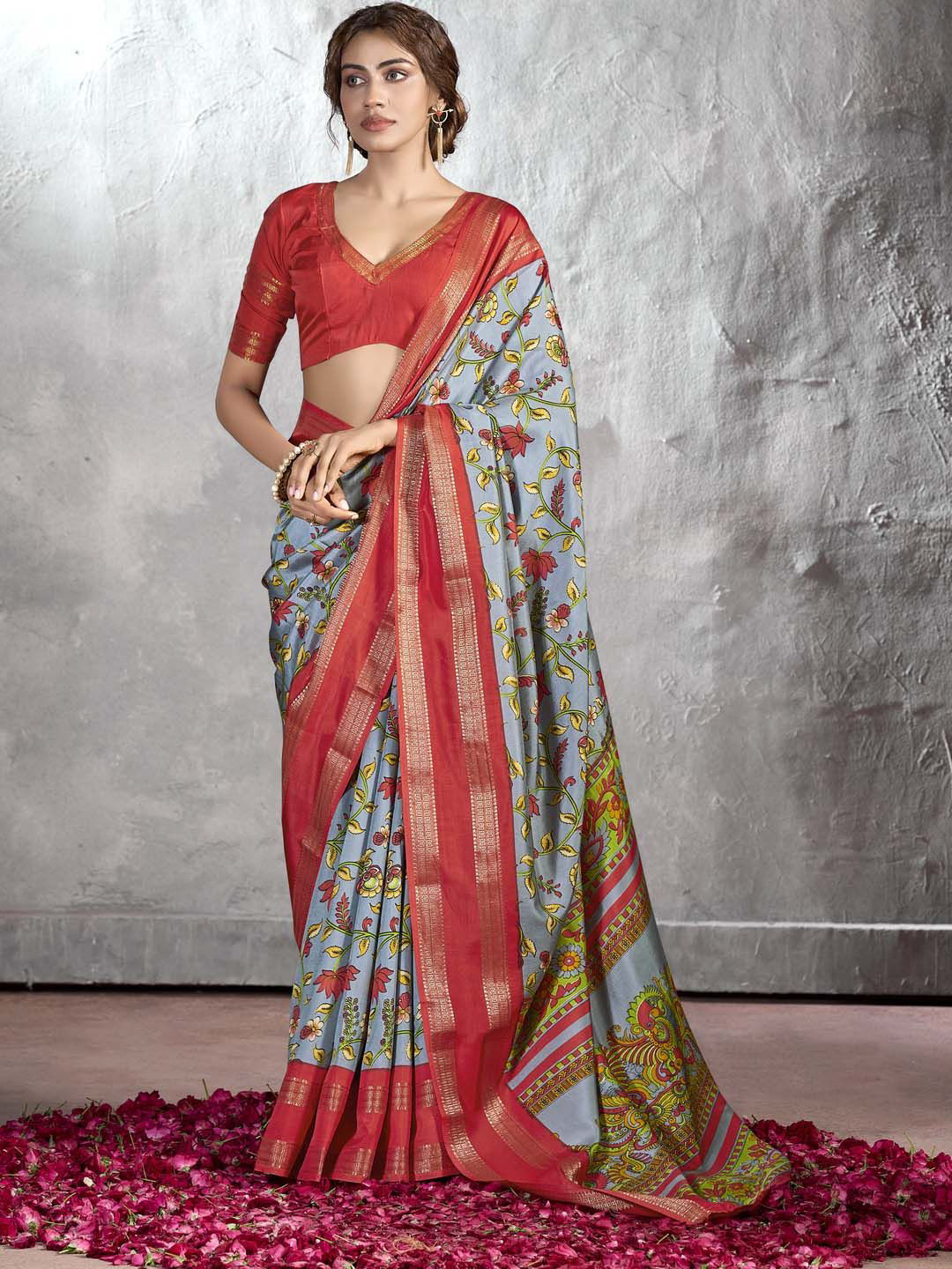 

CHUDIYA Floral Zari Pure Cotton Saree, Grey