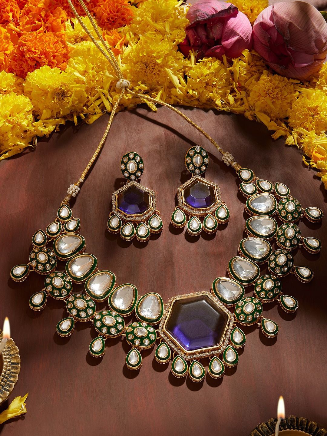 

Zaveri Pearls Gold-Plated Austrian Diamonds Stone-Studded Meenakari Jewellery Set