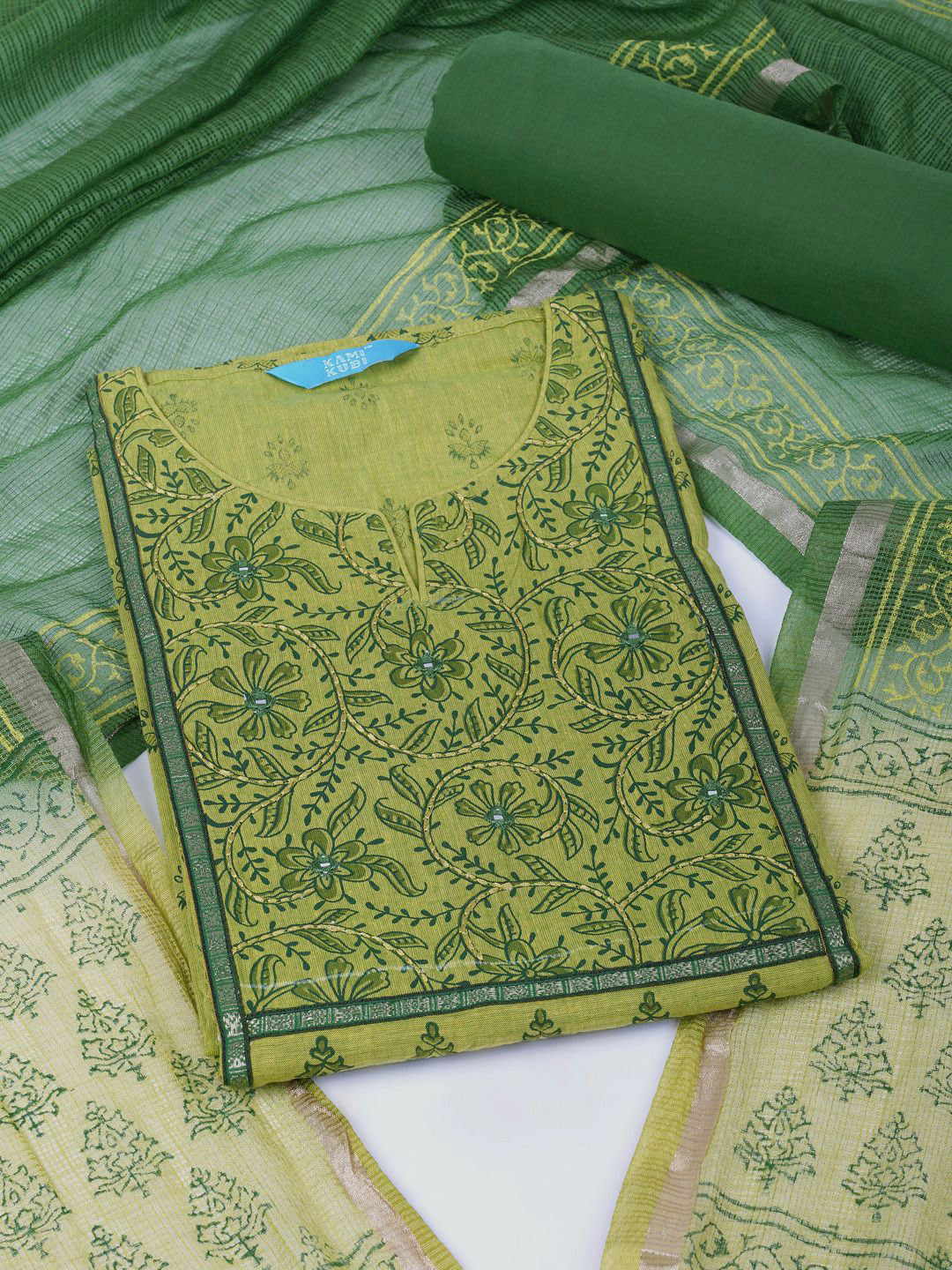

KAMI KUBI Floral Embroidered Pure Cotton Unstitched Dress Material, Green