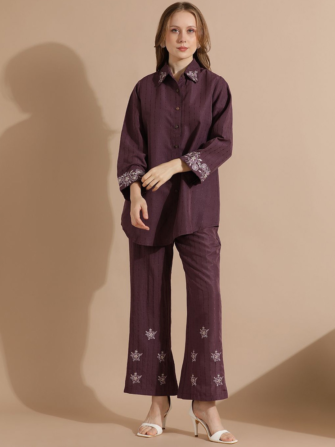 

STYLEBAAZI Embroidered Shirt With Pant Co-Ords, Violet