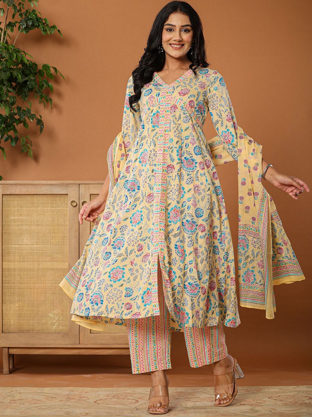 

Yufta Yellow Floral Printed V-Neck Empire A-Line Pure Cotton Kurta With Trousers & Dupatta