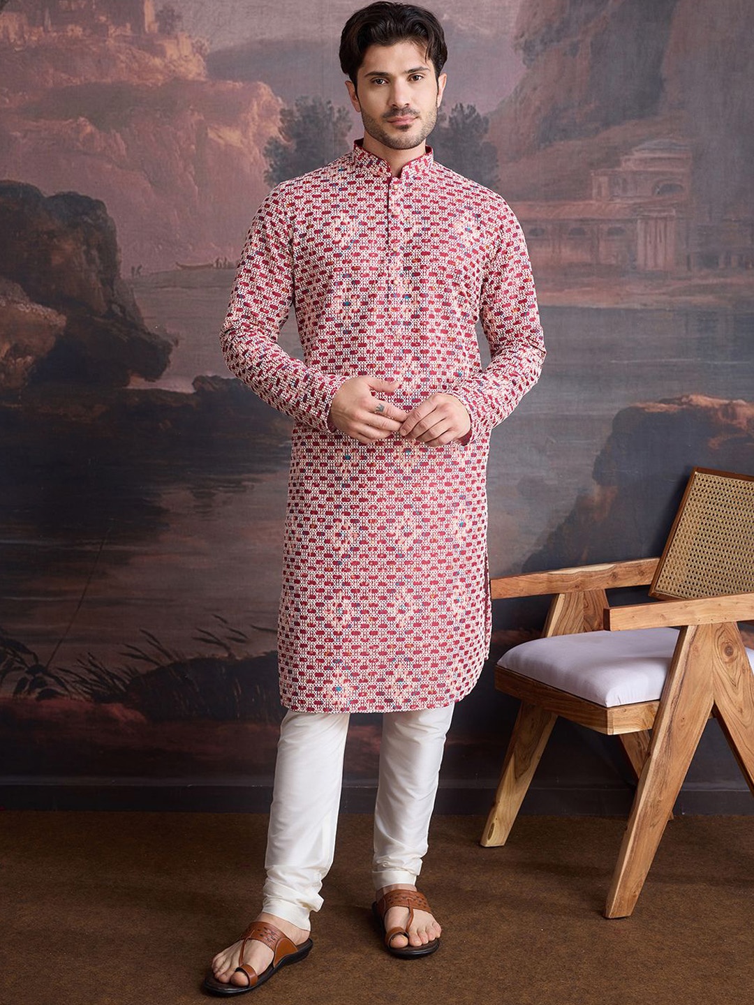 

House of Pataudi Geometric Printed Straight Kurta With Pyjamas, Red