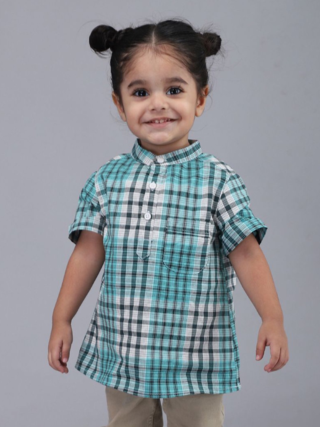 

Biglilpeople Boys Standard Band Collar Tartan Checked Cotton Casual Shirt, Green