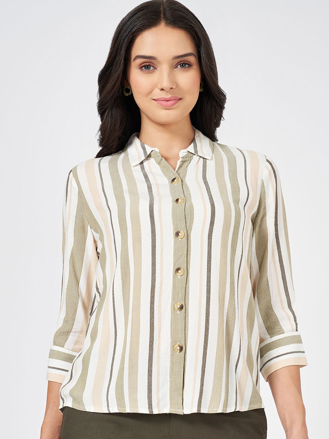 

Honey by Pantaloons Women Vertical Stripes Printed Shirt Collar Top, Off white