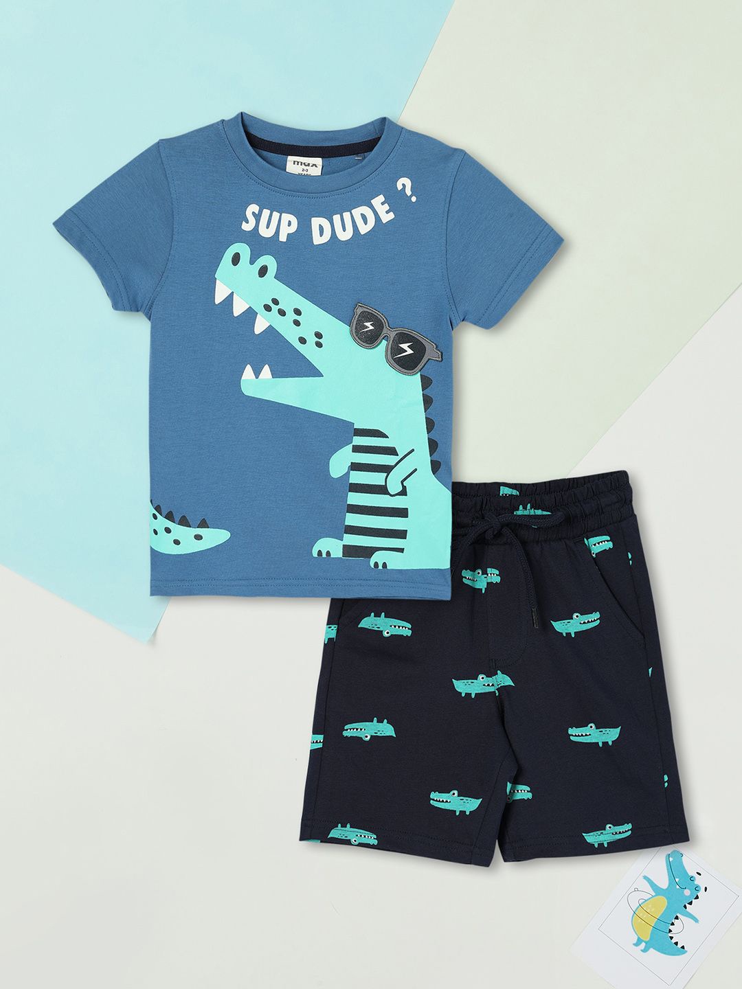 

max Boys Printed Round Neck Short Sleeves Pure Cotton T-shirt With Shorts, Blue