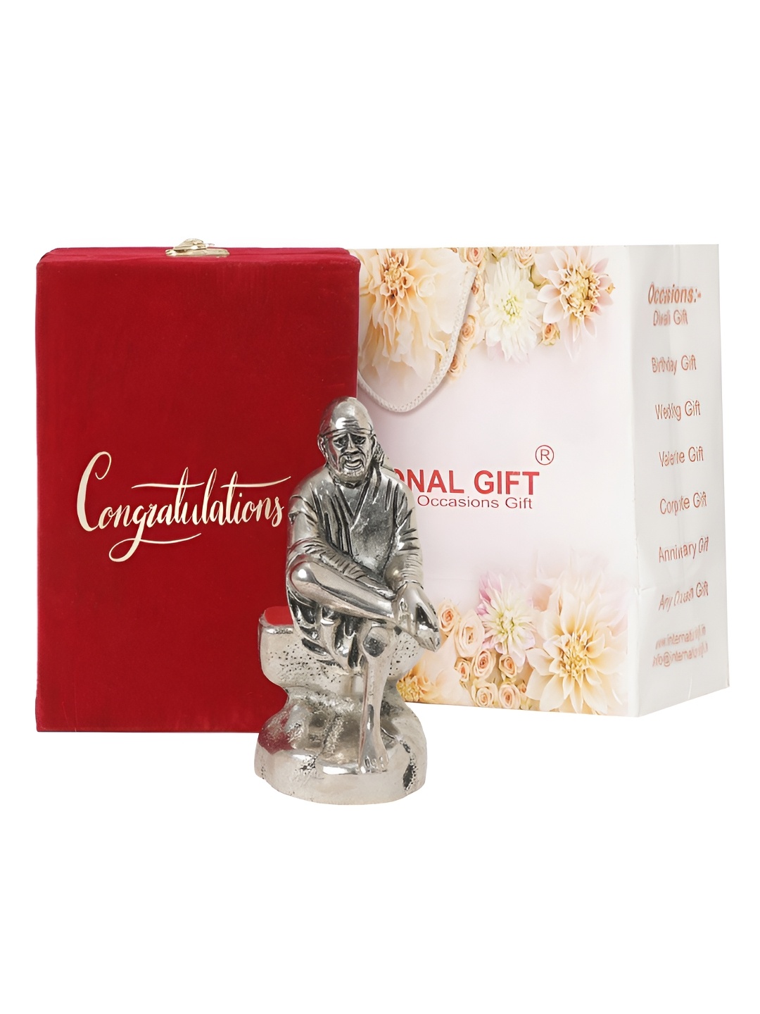 

INTERNATIONAL GIFT Silver-Toned Sai Baba Idol With Congratulations Tag & Velvet Box