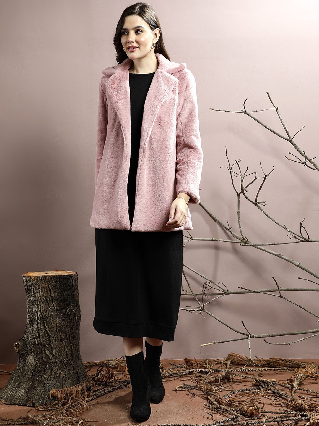 

Athena Women Notched Lapel Collar Hip Length Overcoat, Pink