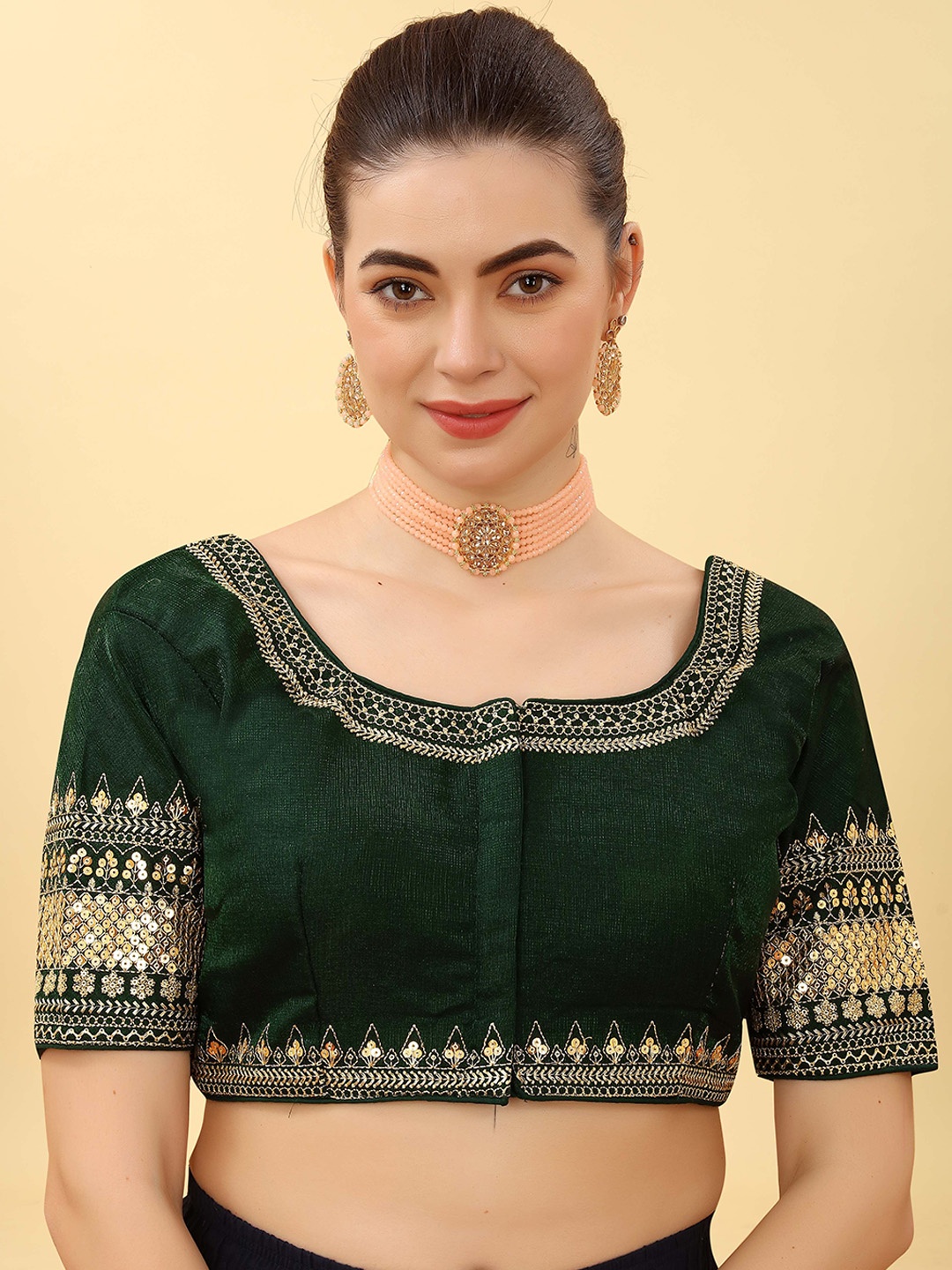 

Krimmple Women Embroidered Non-Padded Saree Blouse, Green