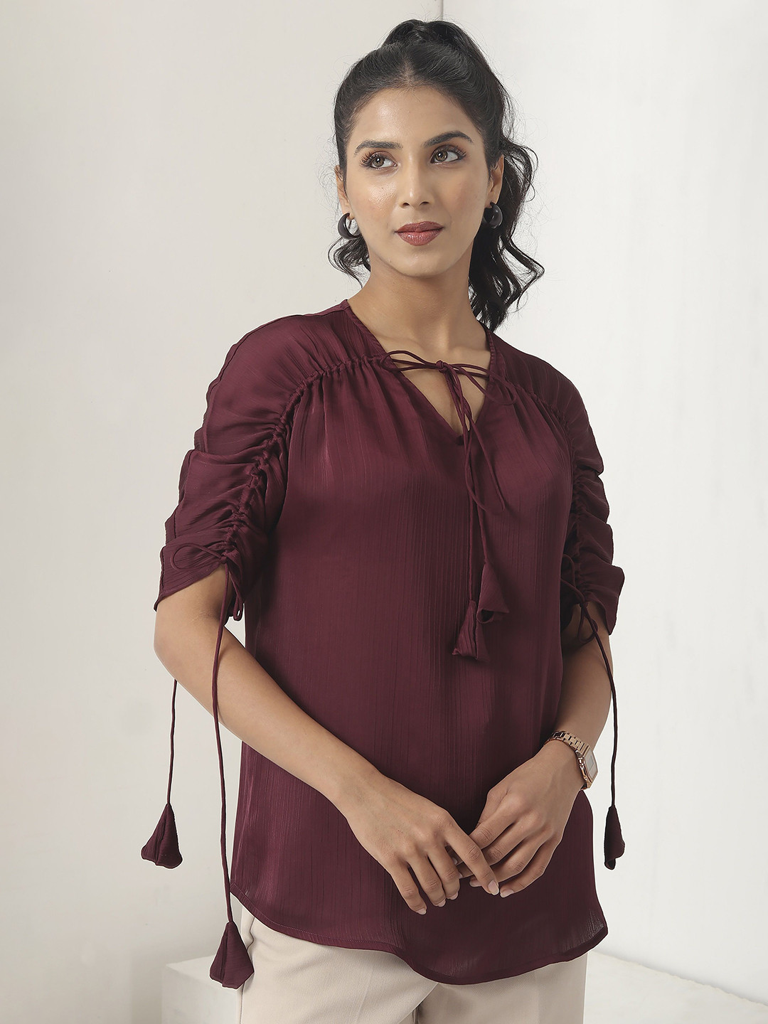 

BOONS n PERKKS Embellished Roll-Up Sleeves Satin Chiffon Top, Maroon