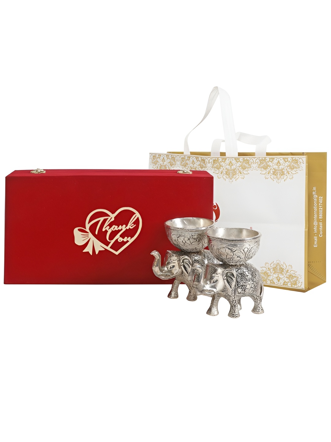 

INTERNATIONAL GIFT Silver-Toned Elephant Bowl Showpiece With Thank You Tag & Velvet Box