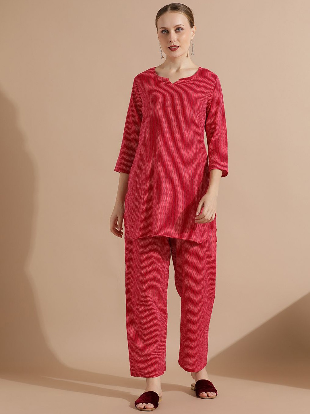 

STYLEBAAZI Women Striped Regular Kantha Work Pure Cotton Kurti with Trousers, Red