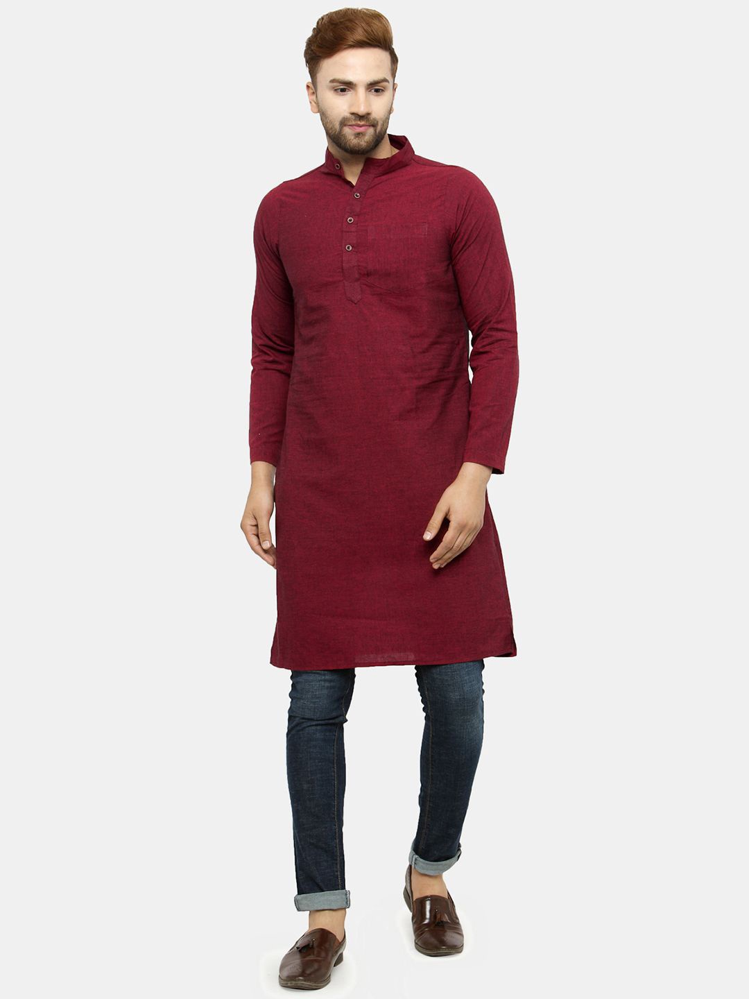 

Enchanted Drapes Band Collar Neck Long Sleeves Regular Pure Cotton Kurta, Maroon