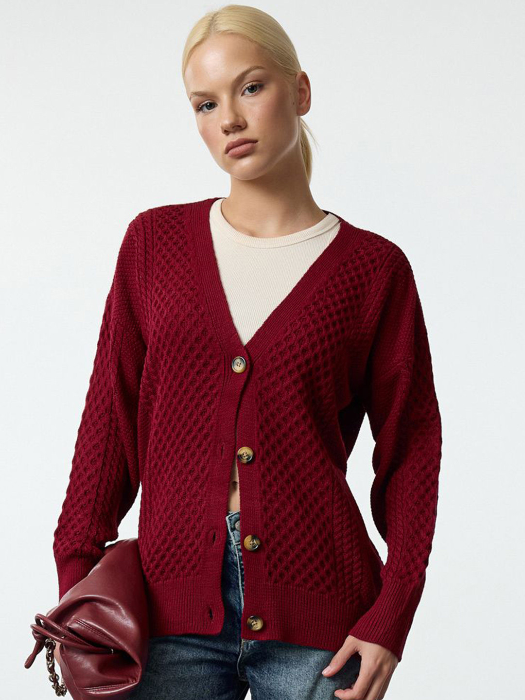 

Trendyol Women Cable Knit Cardigan, Maroon