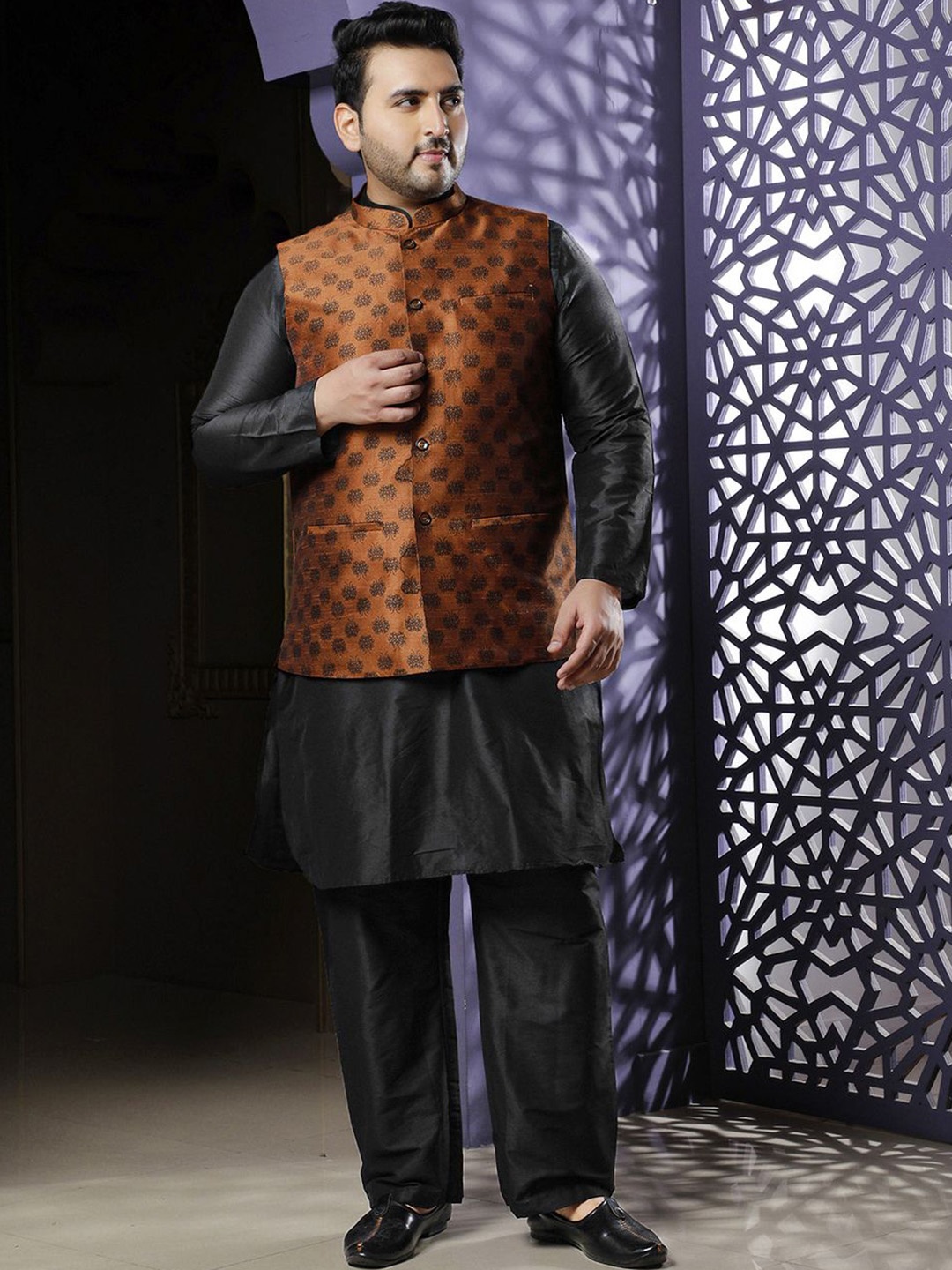 

Sztori Ethnic Motifs Woven Design Straight Kurta & Churidar With Nehru Jacket, Copper