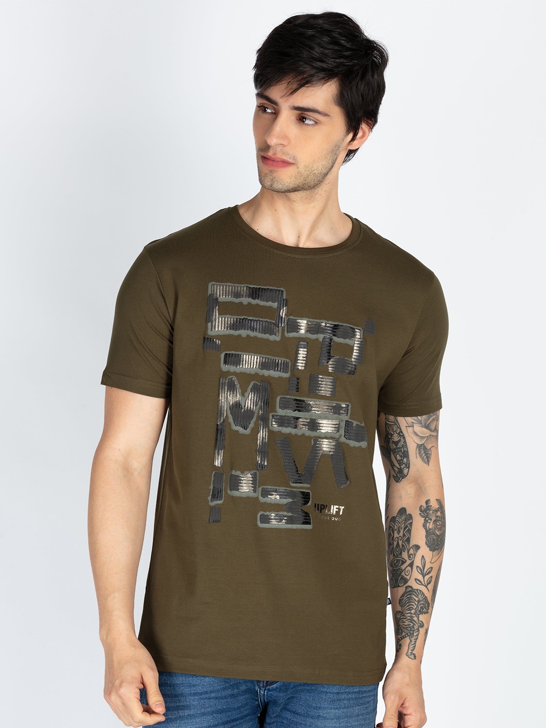 

Status Quo Men Graphic Printed Round Neck Cotton T-shirt, Olive