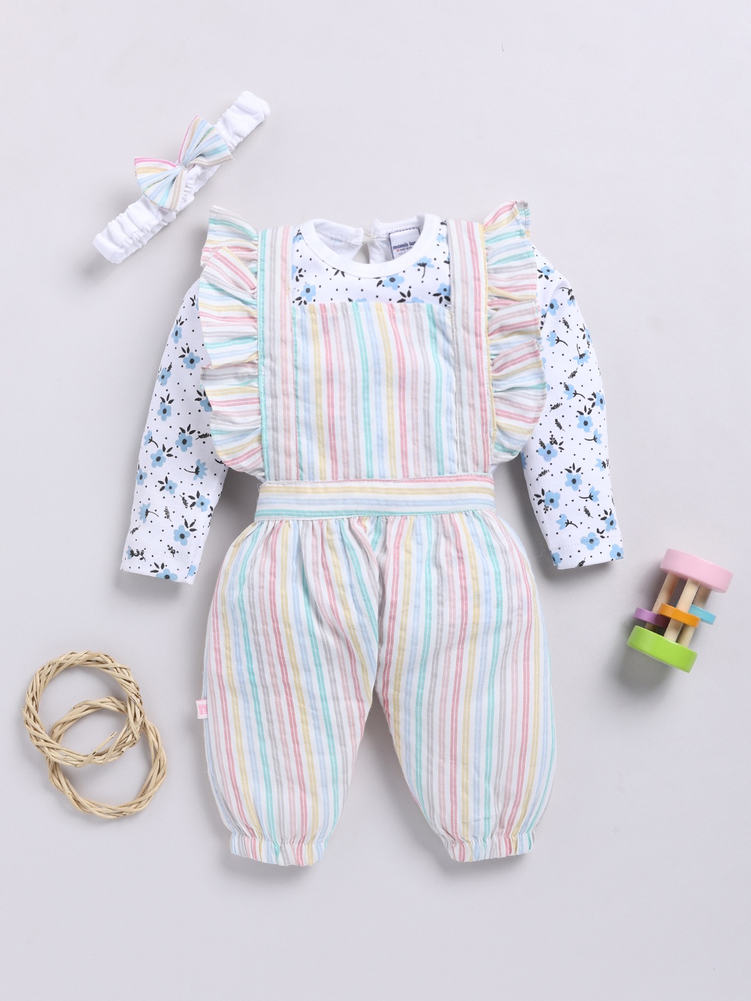 

Moms Love Infants Girls Cotton Striped Ruffled Dungarees with T-shirt & Headband, Pink