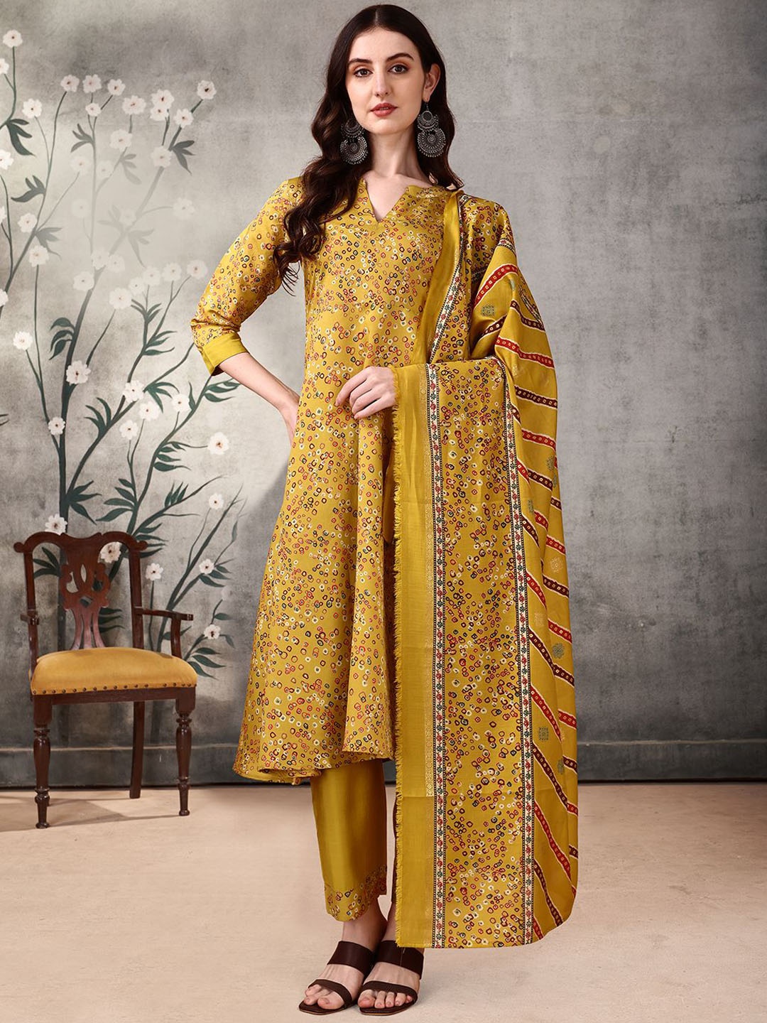 

KALINI Geometric Printed Mandarin Collar Anarkali Kurta With Trousers & Dupatta, Yellow