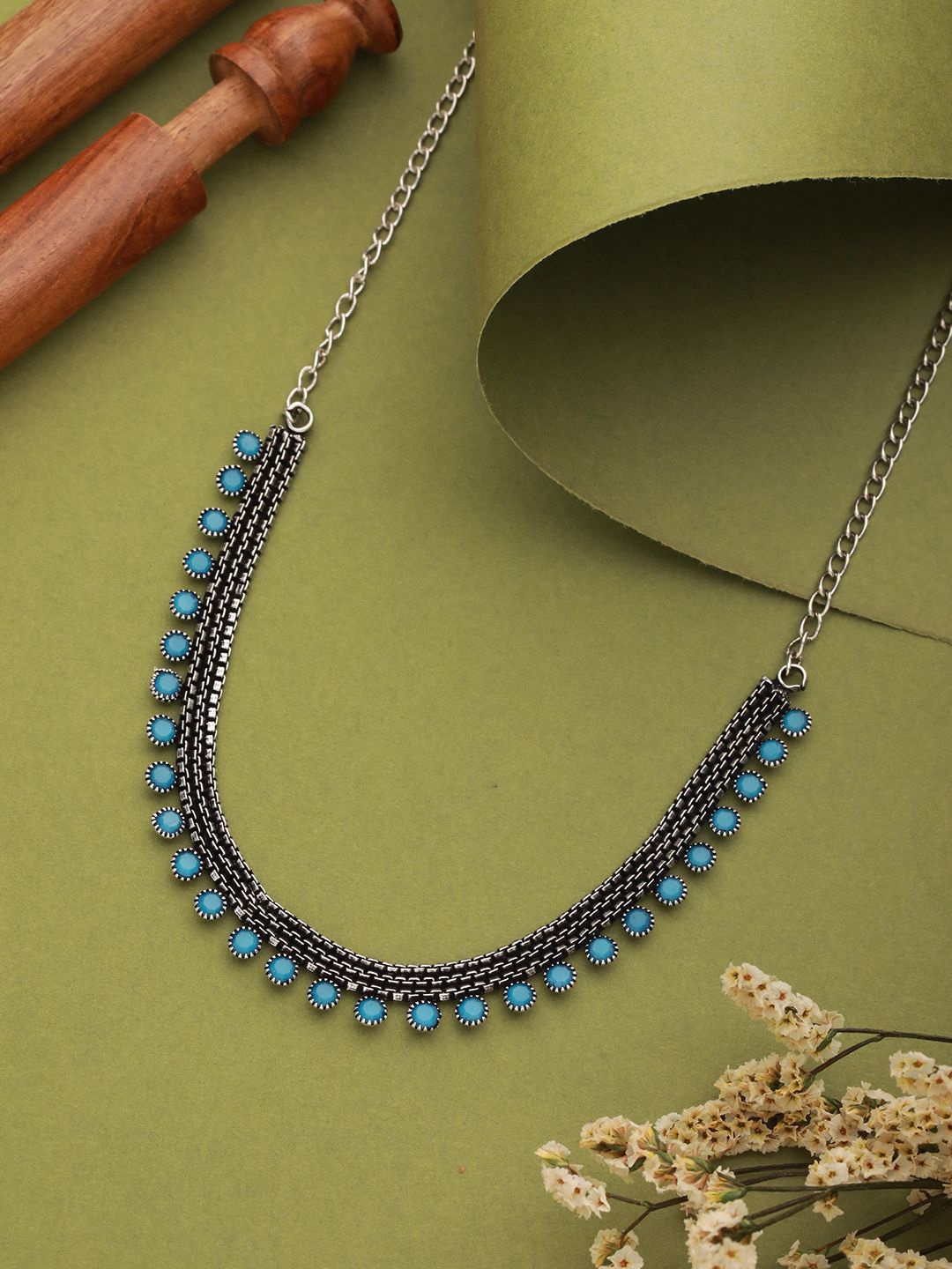 

Anouk Blue Silver-Plated Stone-Studded Oxidised Necklace