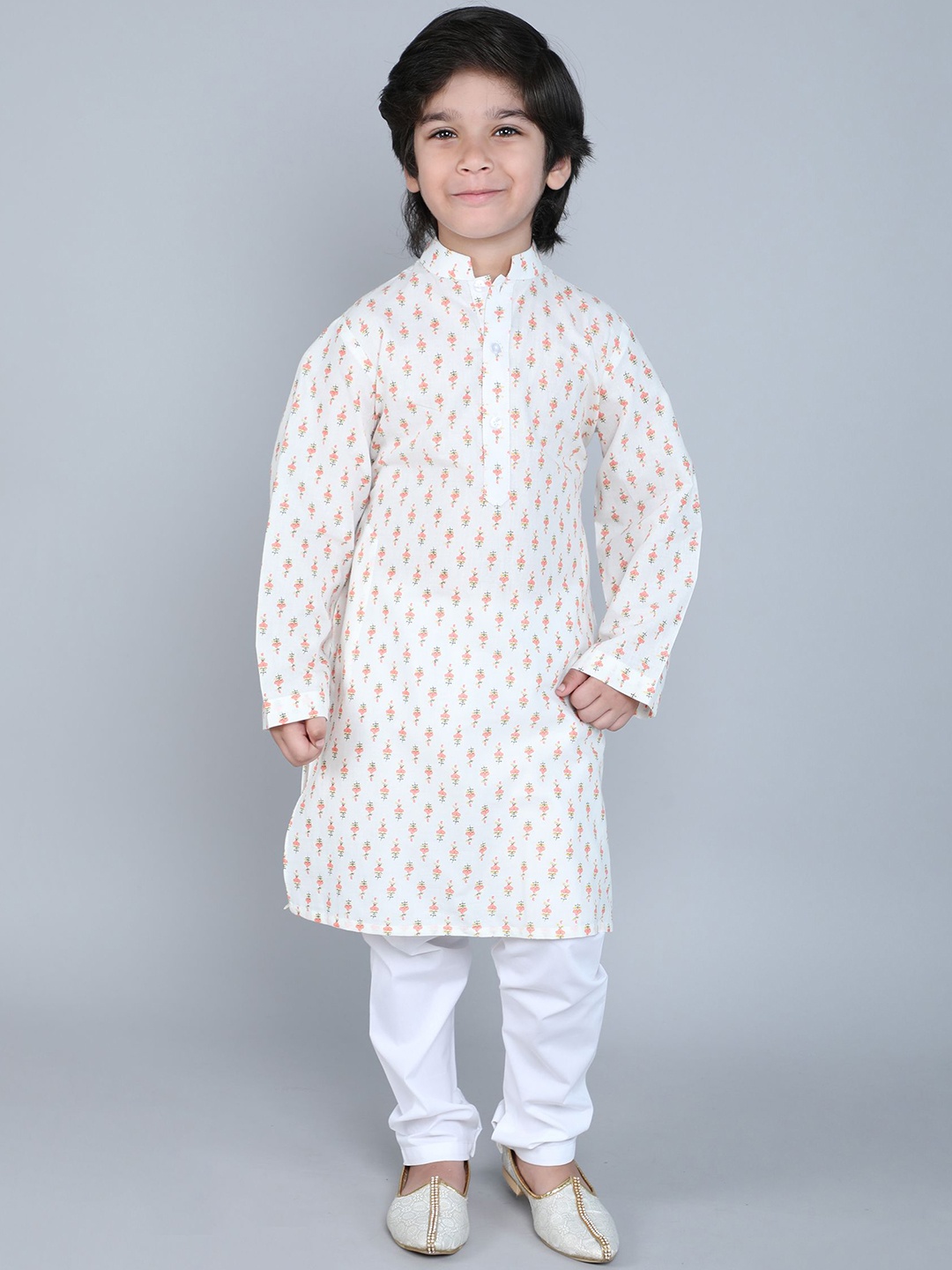 

Little Clothings Boys Floral Printed Mandarin Collar Pure Cotton Kurta with Churidar, Cream