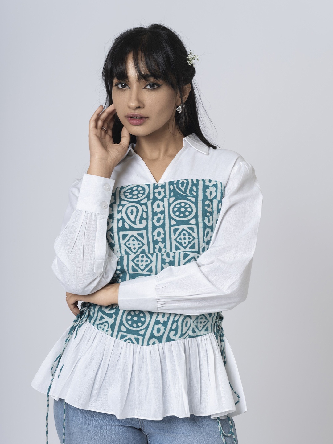 

BOONS n PERKKS Women Abstract Printed Shirt Collar Cotton Top, White