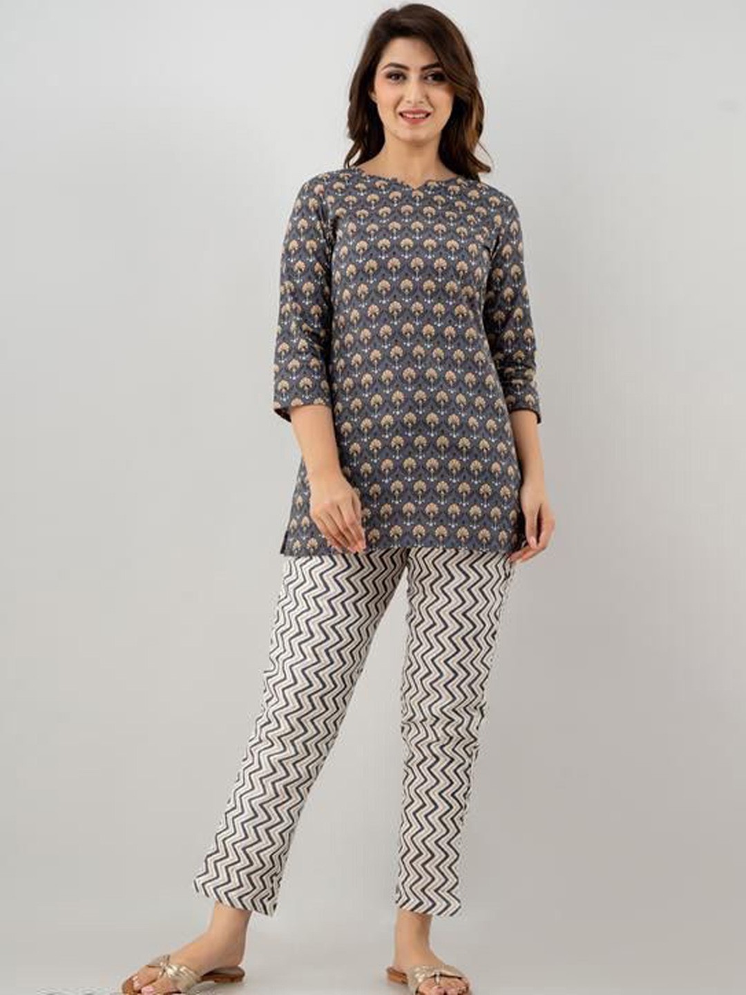 

P3D CREATION Women Printed Regular Aari Work Pure Cotton Top with Trousers, Grey