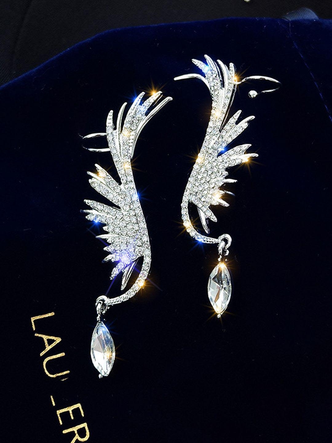 

Krelin Silver-Plated Cubic Zirconia Studded Classic Angel Wing Ear Cuff Earrings