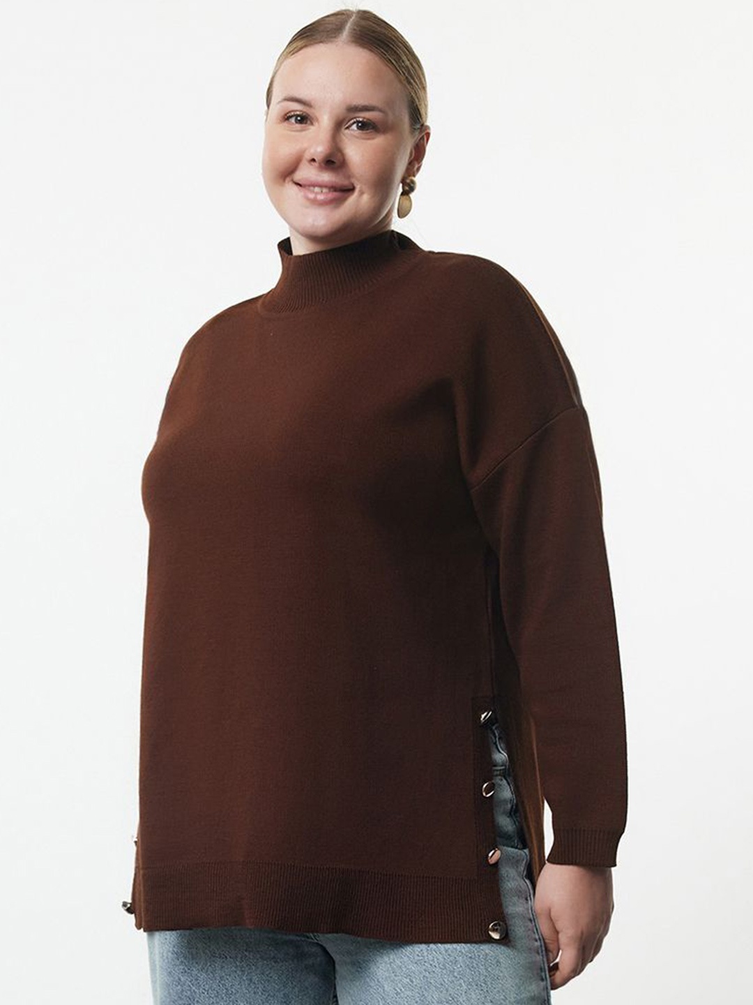 

Trendyol Women Cable Knit Longline Pullover, Brown