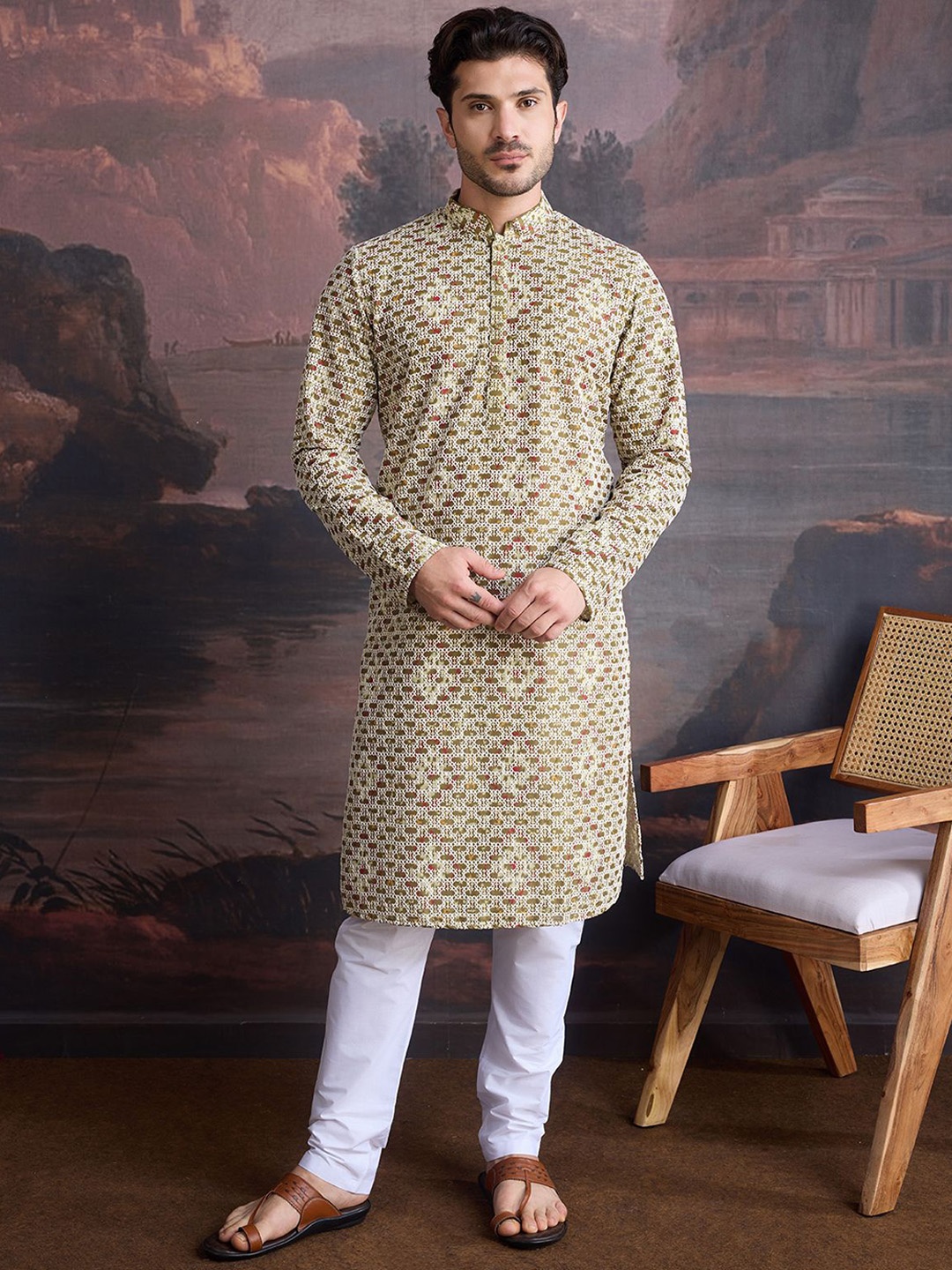 

House of Pataudi Chikankari Embroidered Mandarin Collar Long Sleeves Kurta, Olive