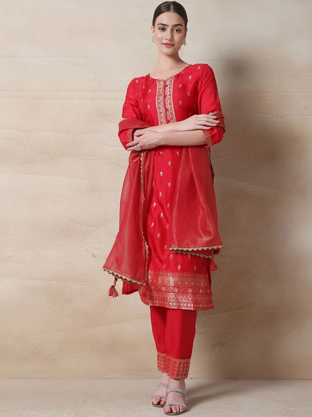 

Rang by Indya Ethnic Motifs Straight Kurta with Trousers & With Dupatta, Red