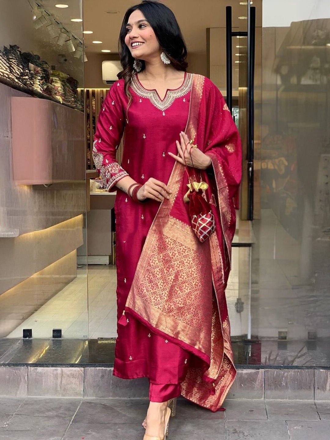 

KALINI Floral Embroidered Straight Kurta With Trousers & Dupatta, Maroon