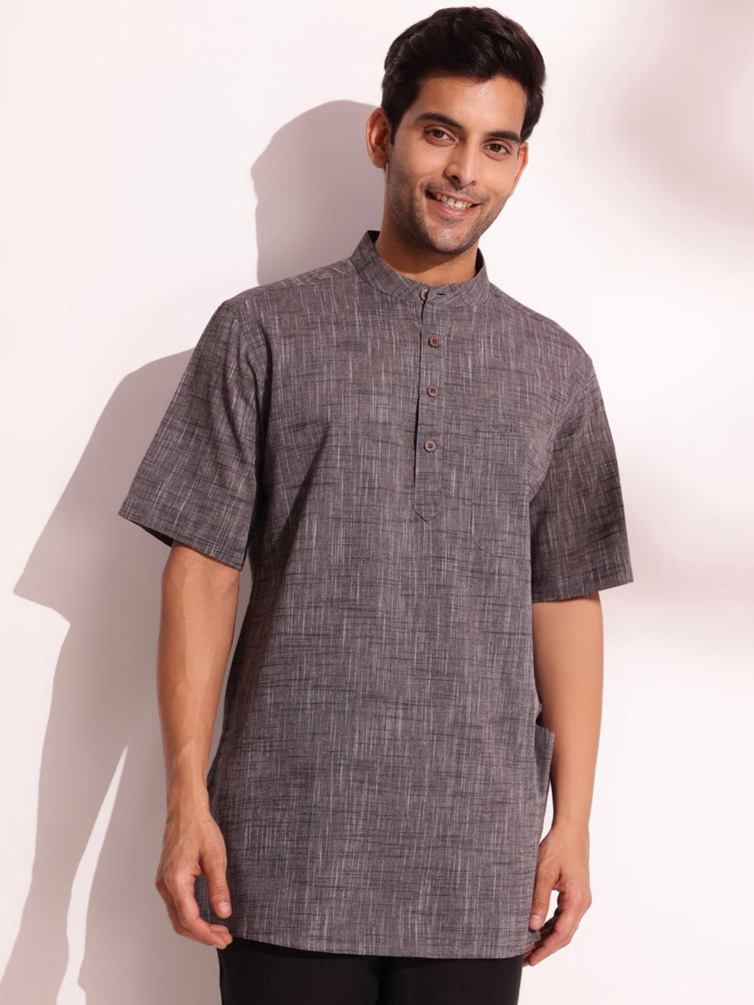 

Fabindia Woven Design Mandarin Collar Cotton Kurta, Grey
