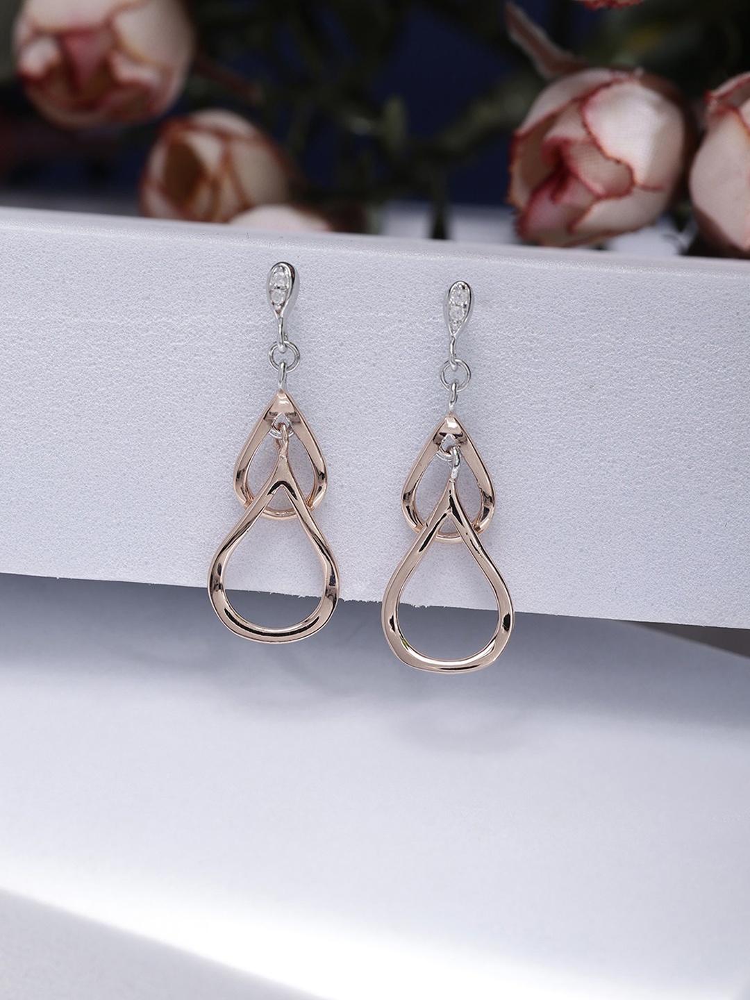 

DIAVO Duo-Drop Concordant 925 Sterling Silver Rose Gold-Plated Contemporary Drop Earrings