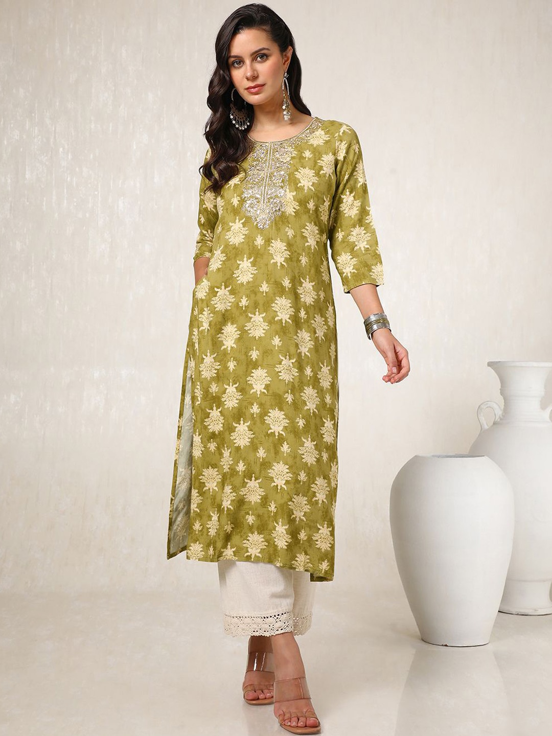 

Soch Mustard Green Floral Embroidered Round Neck Zari Straight Kurta