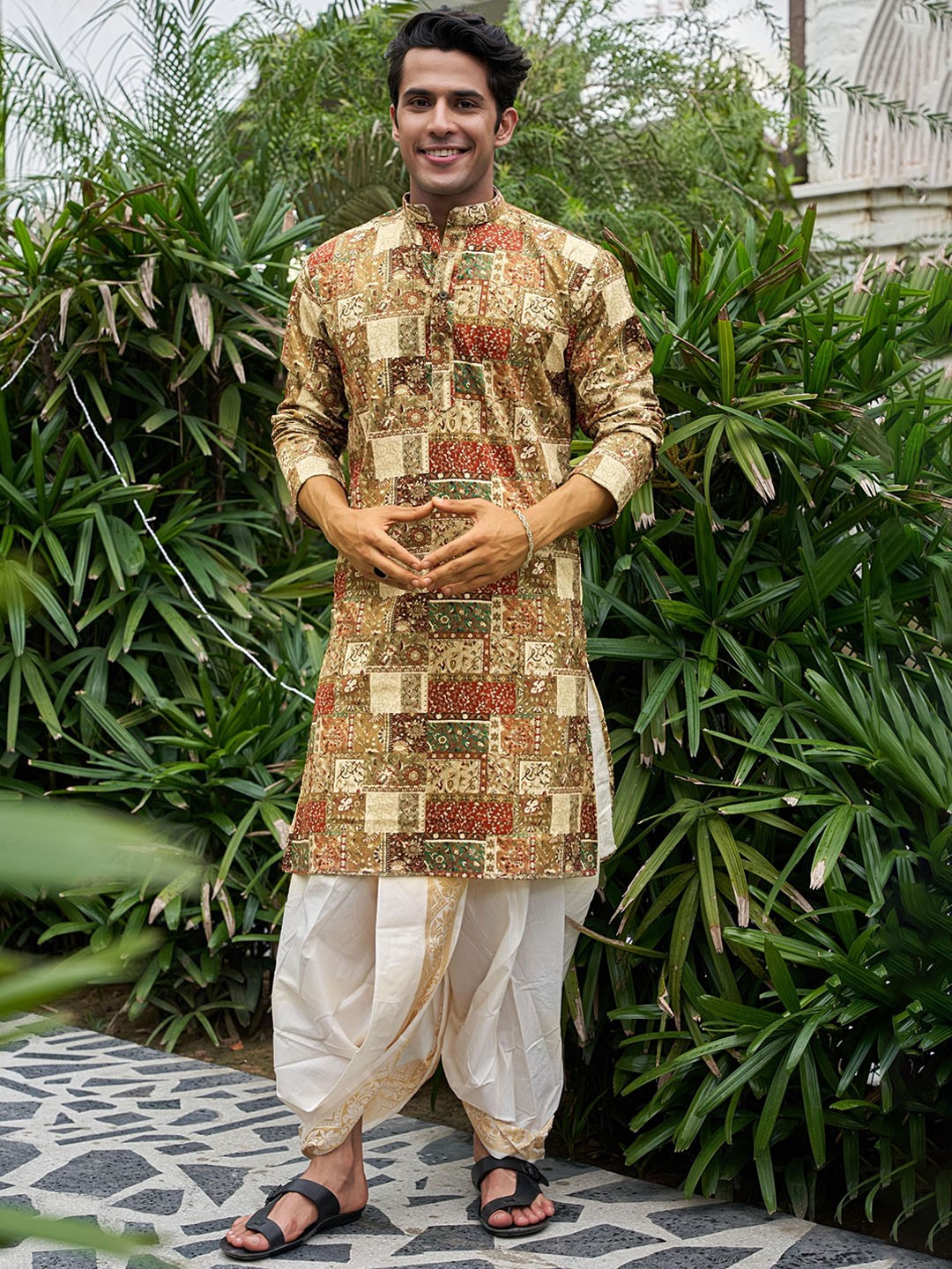 

Shasak Ethnic Motifs Printed Sequined Mandarin Collar Straight Kurta, Beige